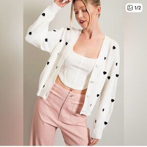 eesome White Cardigan with Black Heart Accents